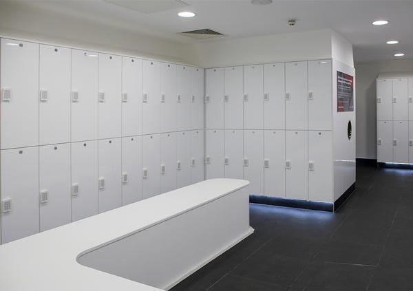 White, high-gloss two-tier bespoke lockers from Safe Space Lockers