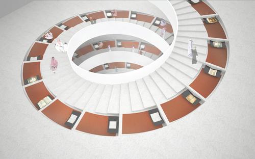 The design features a spiraling void at its core, leading visitors up through the exhibitions via a continuous ramp system / Mossessian Architecture/ Studio Adeline Rispal