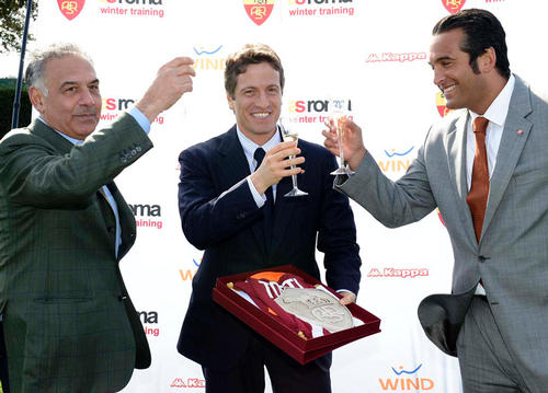 AS Roma president James Pallotta, Gruppo ParsItalia's Luca Parnasi and AS Roma chief executive Italo Zanzi celebrating the stadium announcement