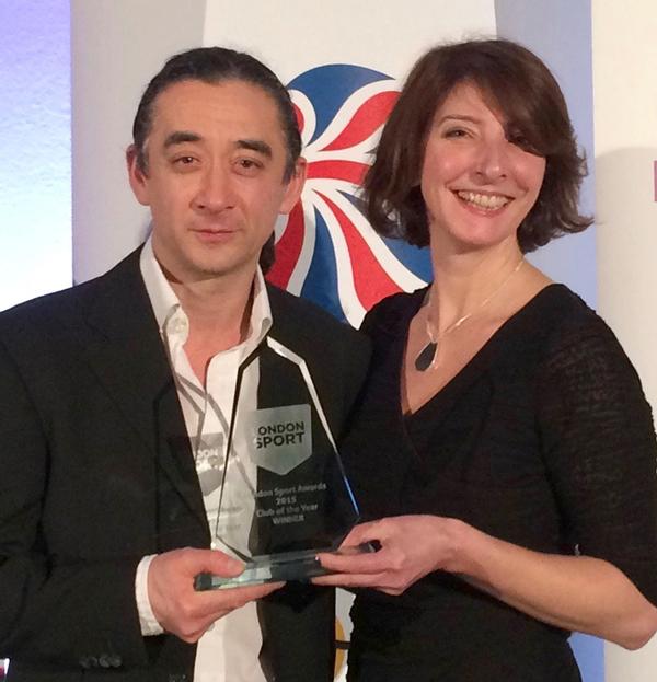 Anita Yiannoullou and Glenn Delikan accept the London Sports Club of the Year award 