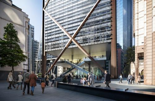 The building’s reception lobby will be elevated, creating an open space below the skyscraper itself for the public to walk under / Eric Parry Architects