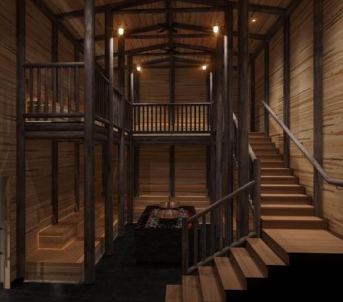 The Blockhouse Sauna rises to two storeys, giving guests an “extraordinary heat experience” / Thermarium