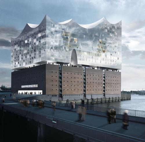 The roof consists of eight spherical, concavely bent sections that form an elegantly curving silhouette / Elbe Philharmonic