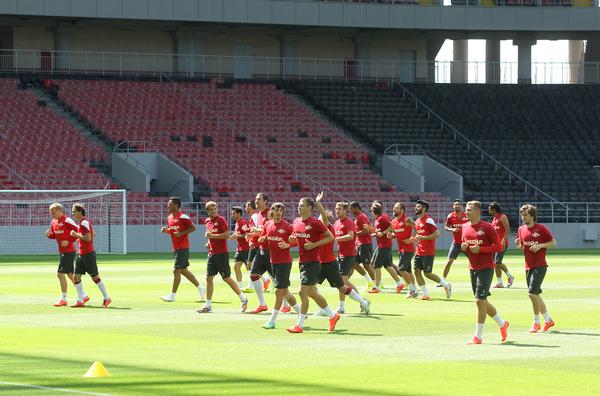 The Spartak team training on the new Otkrytie surface ahead of their home opener against Torpedo Moscow 