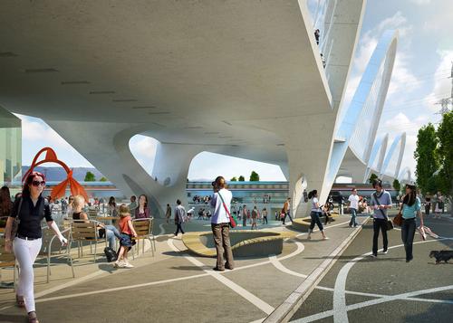 A new Arts Plaza is to be located at the end of the bridge / Michael Maltzan Architecture 