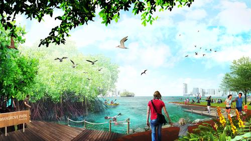 The city will be built on four man-made islands surrounded by ocean / Sasaki Associates