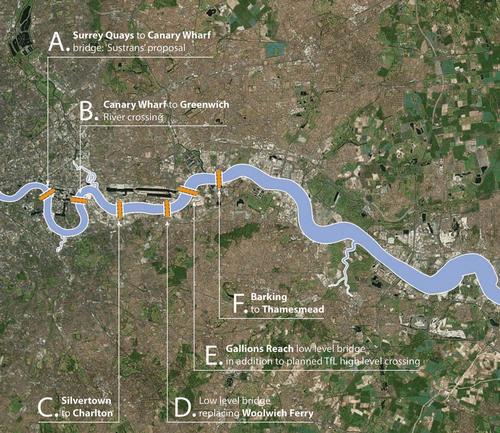 The bridges would all be located between Surrey Quays and Thamesmead / Farrells