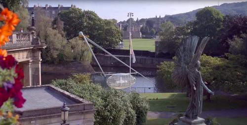 The structure, made up of two long masts, holds an observation pod at the end of it which would swing out over the River Avon / AquEye