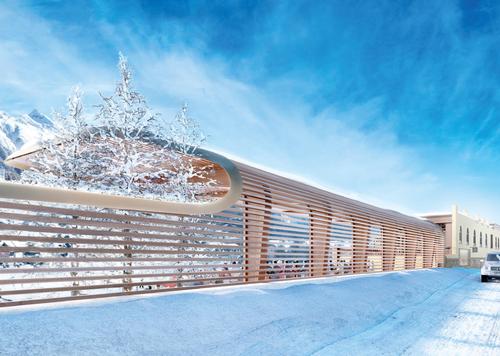 The extension will predominantly use wood to integrate the extension with the existing building / Kulm Hotel St. Moritz