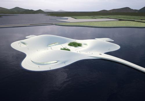 MAD have envisioned the development as a mountainous island whose rising dunes and caves house the museum’s galleries / MAD Architects