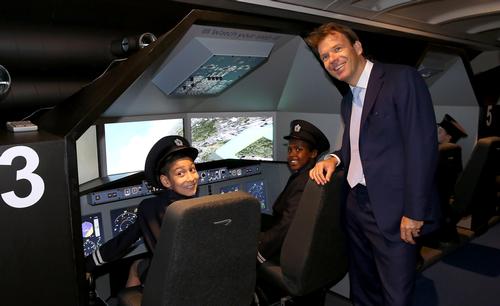 KidZania London Chairman Joel Cadbury in the Aviation Academy at the launch of KidZania London