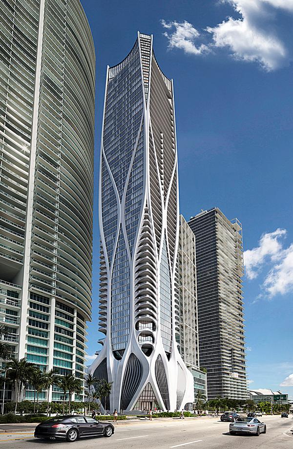 Zaha Hadid was responsible for the architecture and the interiors of the communal spaces at the 1000 Museum residential tower in Miami. It is under construction