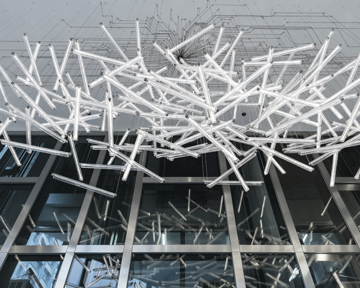 The bespoke Concurrency chandelier boasts dynamically programmable lighting