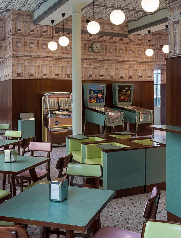 Film director Wes Anderson designed Bar Luce, which features a pinball machine inspired by his film The Life Aquatic 