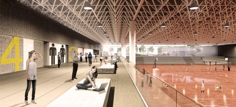 Athletes on the indoor courts will play directly beneath the rooftop pitch / OSPA