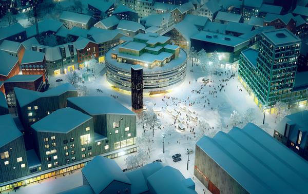 The new town square features a 
circular town hall designed by 
Danish architect Henning Larsen. 
The historic clock tower will be moved from its existing location and rebuilt 