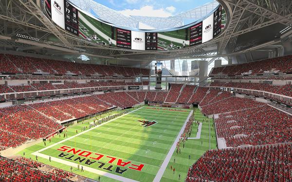 The HOK-designed Mercedes-Benz Stadium features a retractable roof inspired by a falcon’s wing