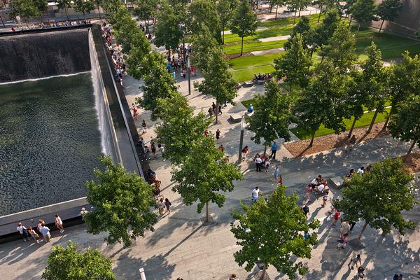 The eco-friendly public plaza where over 400 trees surround the reflecting pools The eco-friendly public plaza where over 400 trees surround the reflecting pools