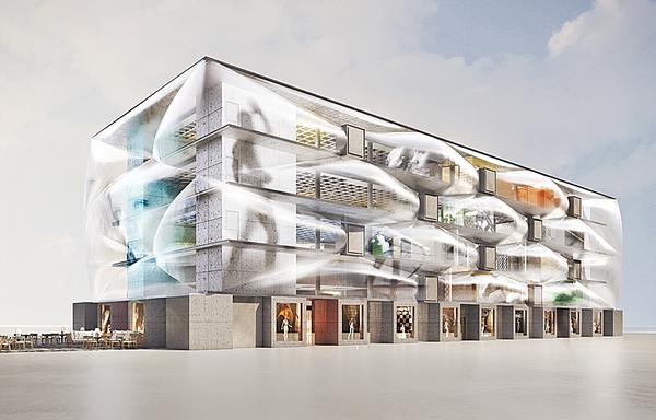 The health club was designed with a series of air-filled ‘pillows’ on the façade to give an impression of lightness