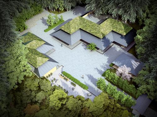 Designs show three pitched-roof buildings with wooden facades, sited around a central courtyard / Kengo Kuma & Associates