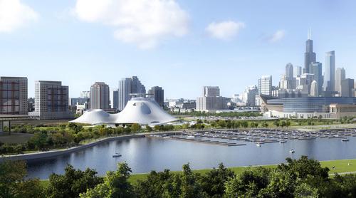 Images show a significantly smaller, but similarly-designed version of the lakefront building
