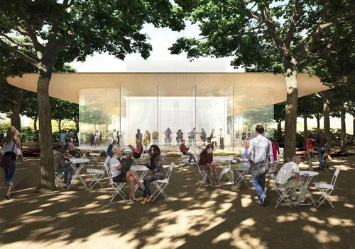 To include a rooftop observation deck and a shop, the visitor centre at Apple Campus 2 will be comprised of glass walls and a carbon-fibre roof / Foster + Partners