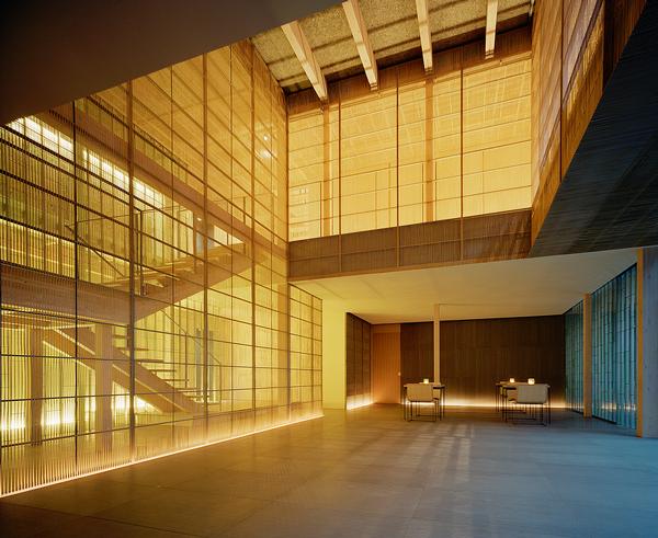 Kengo Kuma’s Ginzan Onsen Fujiya features a striking atrium surrounded by a delicate screen made from bamboo