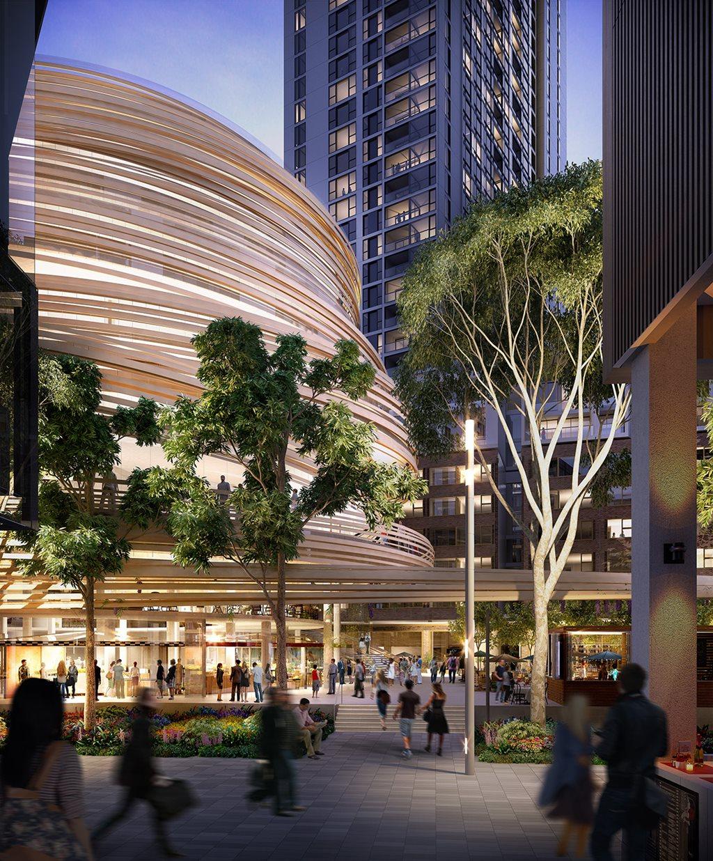 Renderings of Kuma’s design show a spiralling, coil-like wooden facade somewhat reminiscent of a Slinky toy / Lendlease