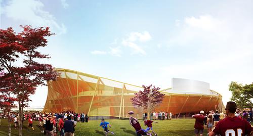 The stadium is a semi-transparent wave-like structure wrapped in a golden metal mesh / BIG