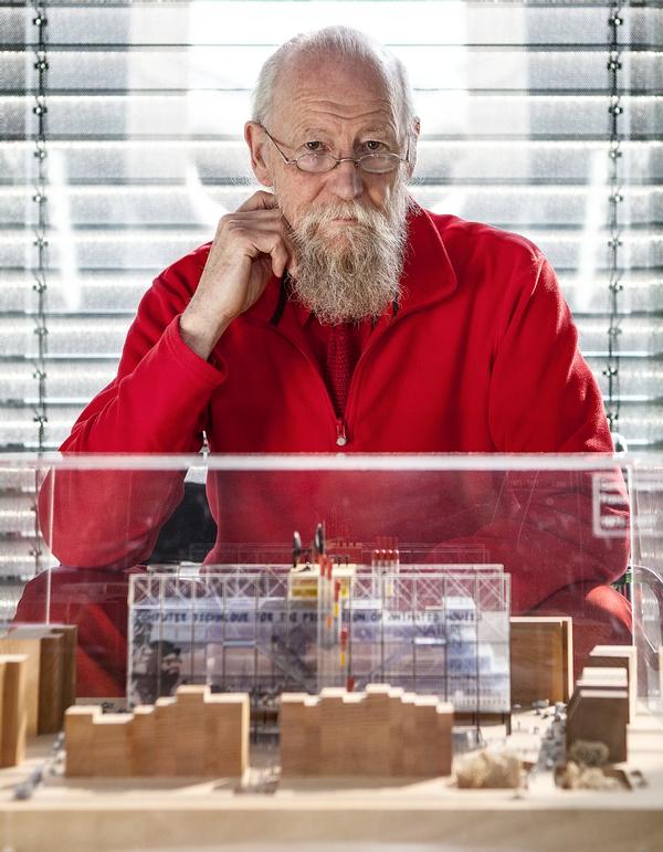 Mike Davies with the original competition model of the Pompidou Centre from the 1970s