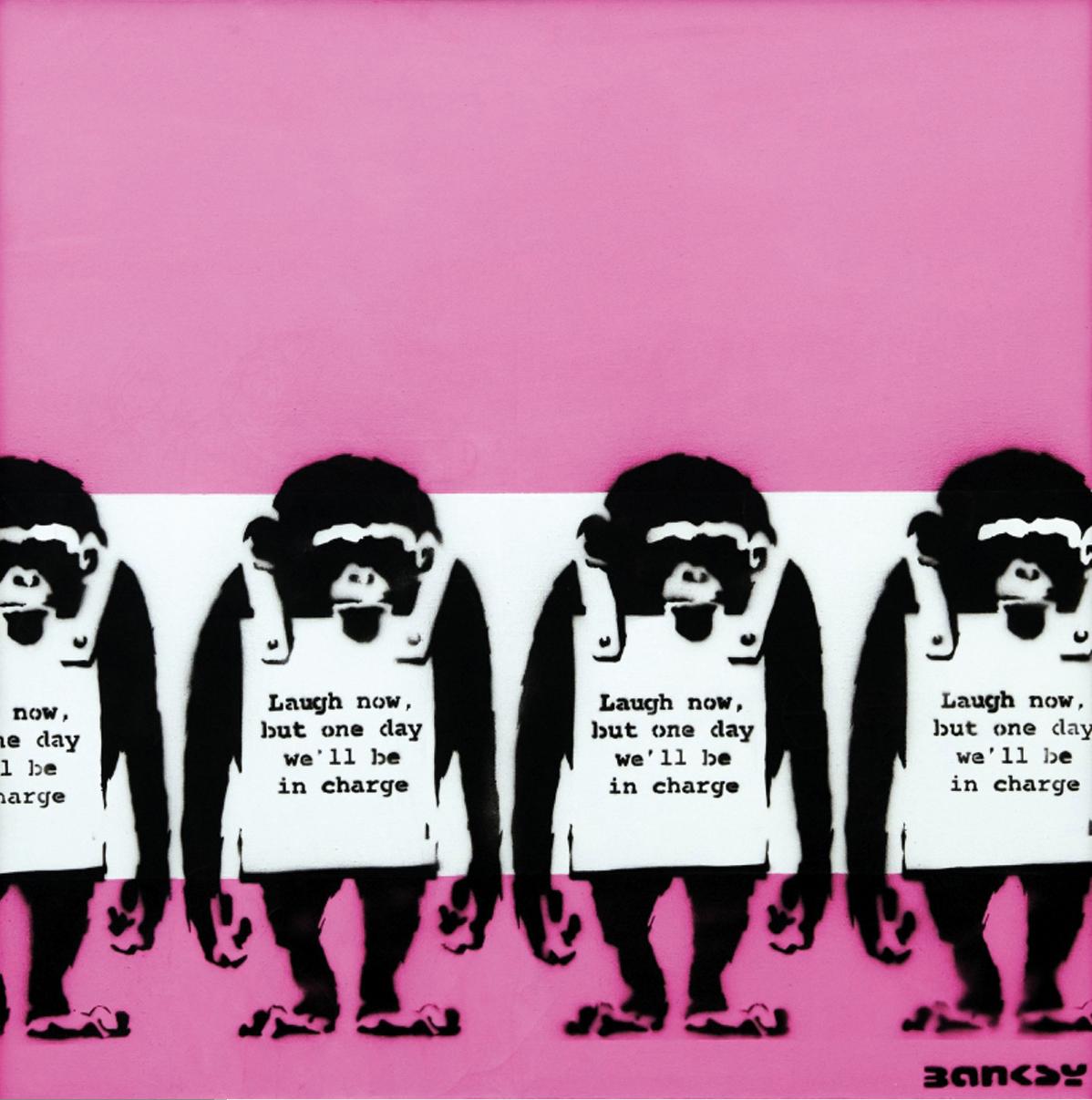 British street artist Banksy's <i>Four Monkeys</i> is part of the exhibition Laugh Now at Moco, Amsterdam / Moco Museum