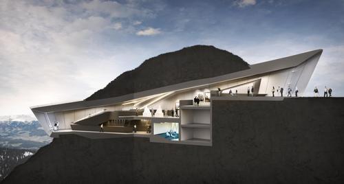 The interior of the museum is located underground the entrance and a viewing platform only visible from the outside / Zaha Hadid Architects 