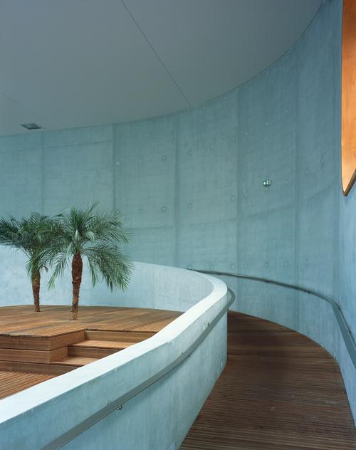 A sculptural ramp runs alongside the pool hall and ascends up the side of the building to a landscaped roof terrace / Hélène Binet