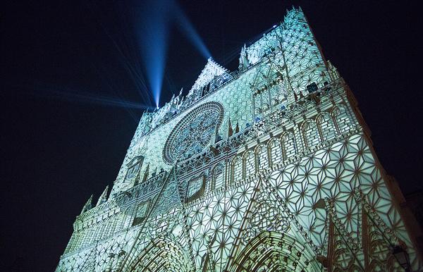 The installation casts the cathedral in variations of stone, iron, paper, silk, steel and light