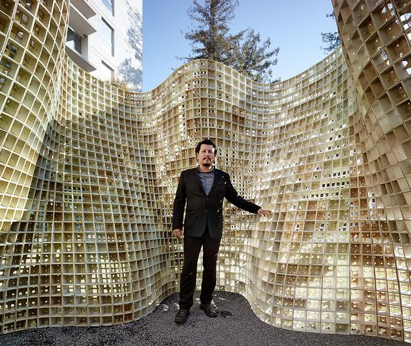 Bloom, a freestanding 3D-printed cement pavilion, is made of 840 customised blocks