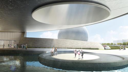 The oculus has been designed so visitors can track a circle of sunlight on the ground across the entry plaza and its reflecting pool / Ennead Architects