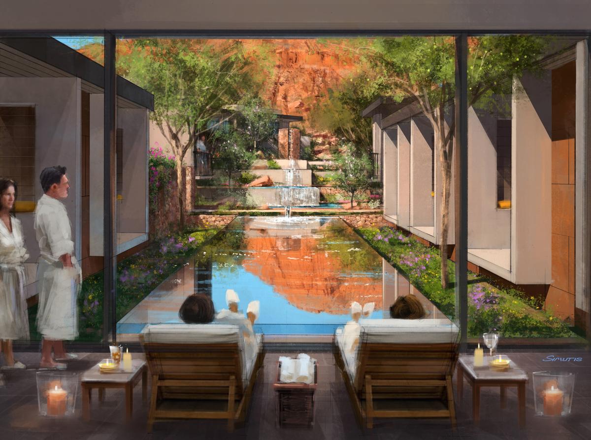 Designed by architects Allen+Philp, the Padre Canyon Sanctuary encompasses more than 14,000sq feet (1,300sq m), including six treatment rooms, pre- and post-treatment relaxation areas, an adult pool and a private lounge / 
