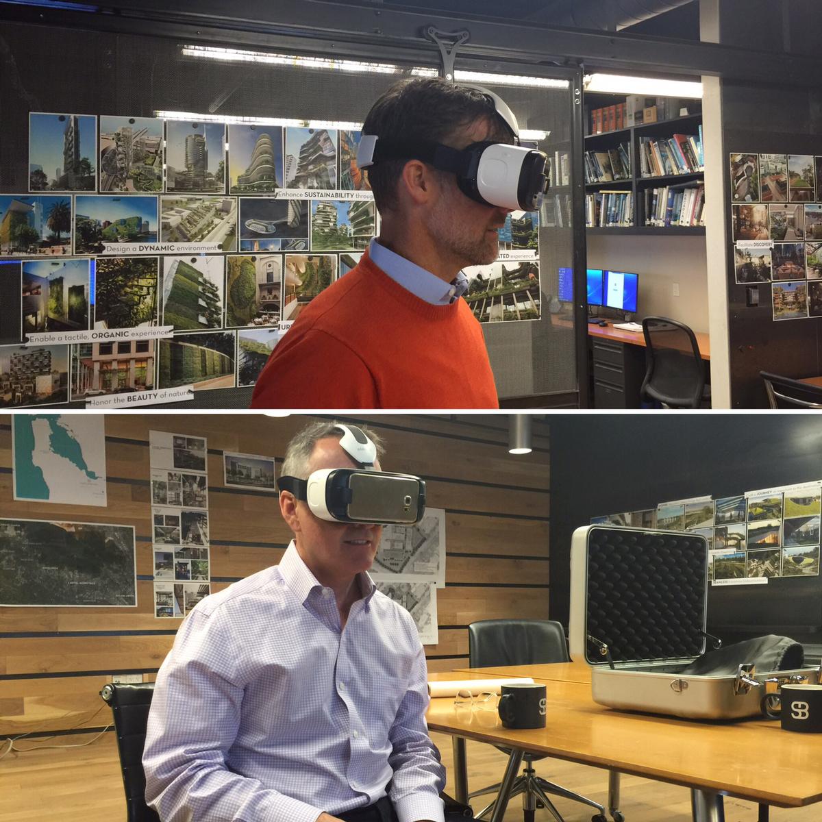 Members of SB Architects' design team try the VR goggles / SB Architects 