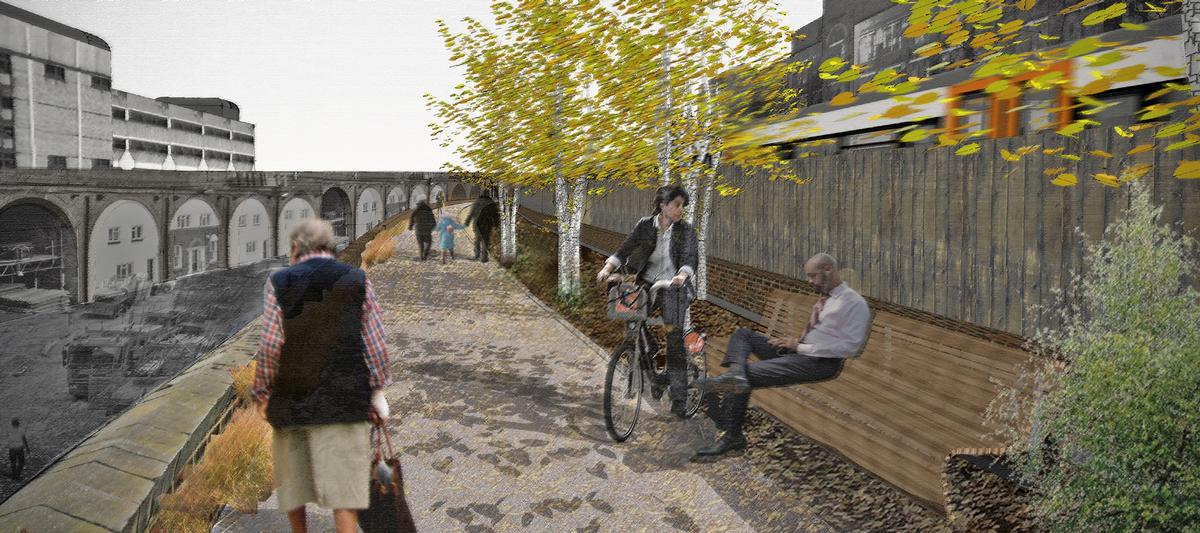 The planned park consists of green-lined pedestrian and cycle routes running through Victorian brick viaducts before dropping down to a little-used nature reserve / Peckham Coal Line