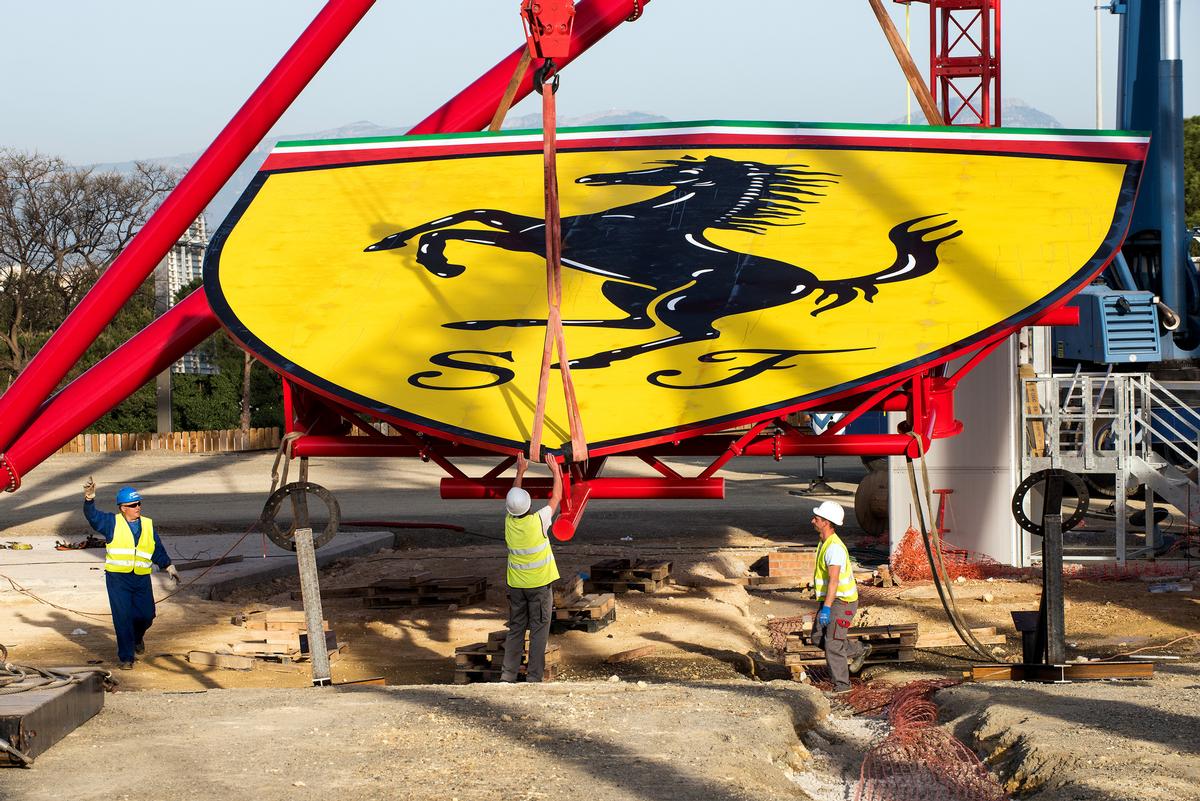The 12-metre-high (40ft) shield, which now sits near the top of the 112-metre-high (367.5ft) yet-to-be-named rollercoaster by Intamin / Portaventura