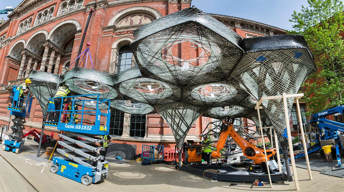 The robots will respond to real-time sensory data on the pavilion’s structural behaviour and the patterns of inhabitation in the garden / Victoria and Albert Museum, London