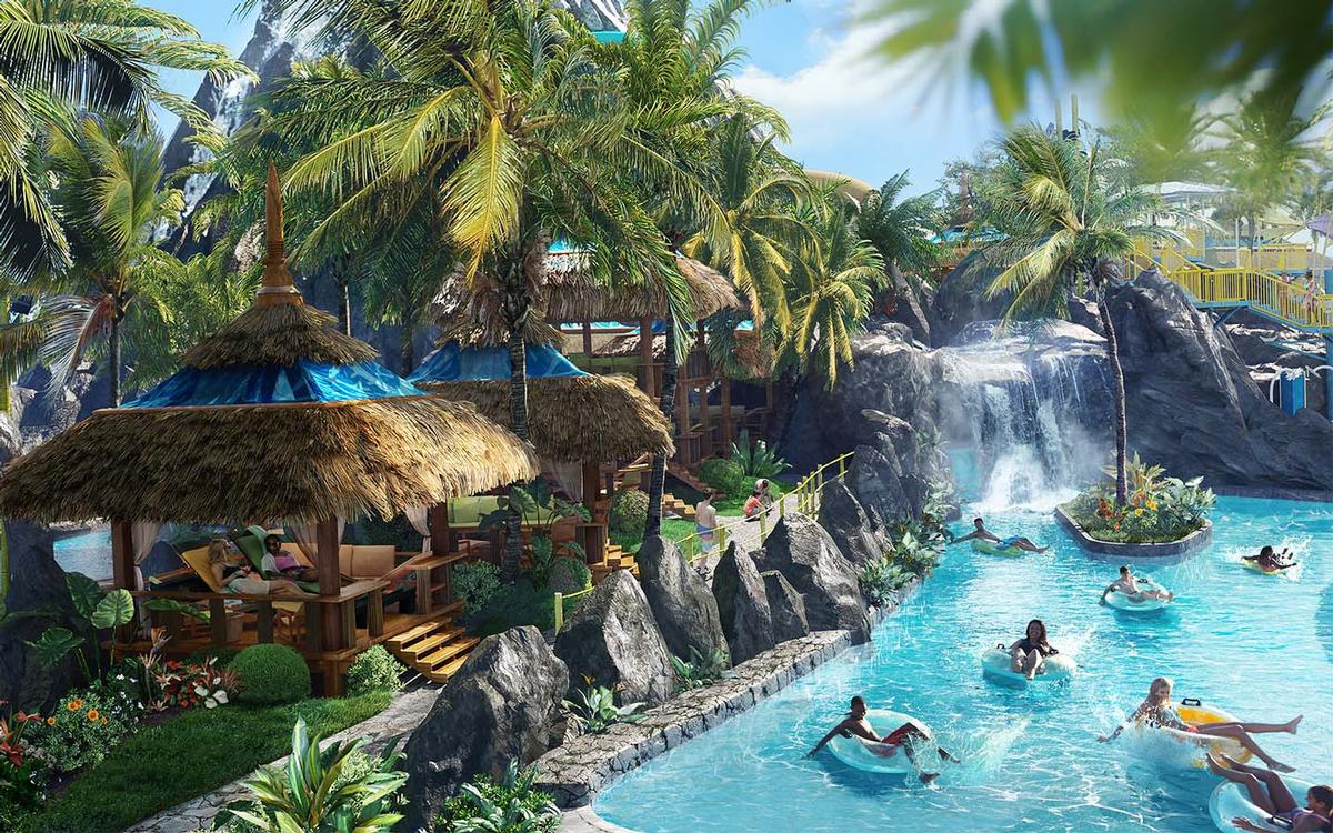 A lazy river will enter hidden caves within the volcano