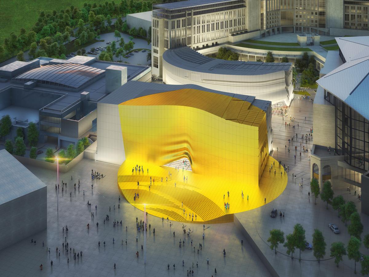 A golden 'sunbeam' can be seen by passengers flying into nearby Incheon Airport / MVRDV A golden 'sunbeam' can be seen by passengers flying into nearby Incheon Airport / MVRDV