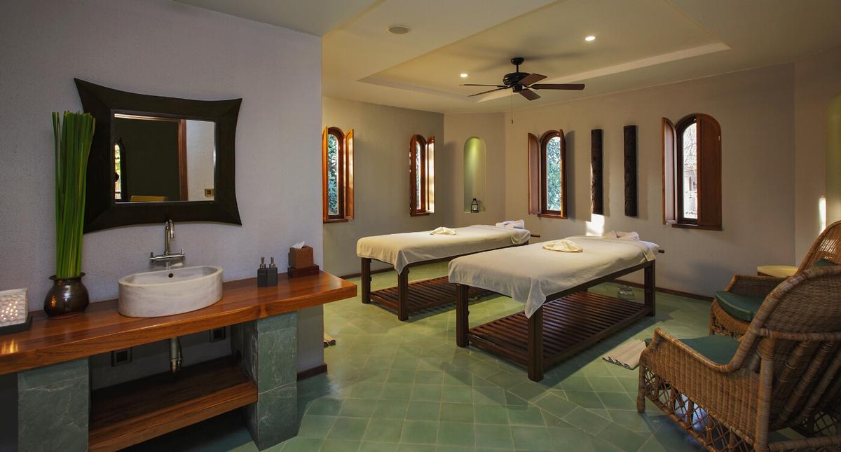 The 170sq m (1,830sq ft) Sanctum Spa includes teak furniture hand-made in a nearby lakeside village, and the floor is made of green cement tiles with warm ocher colours and natural teak wood