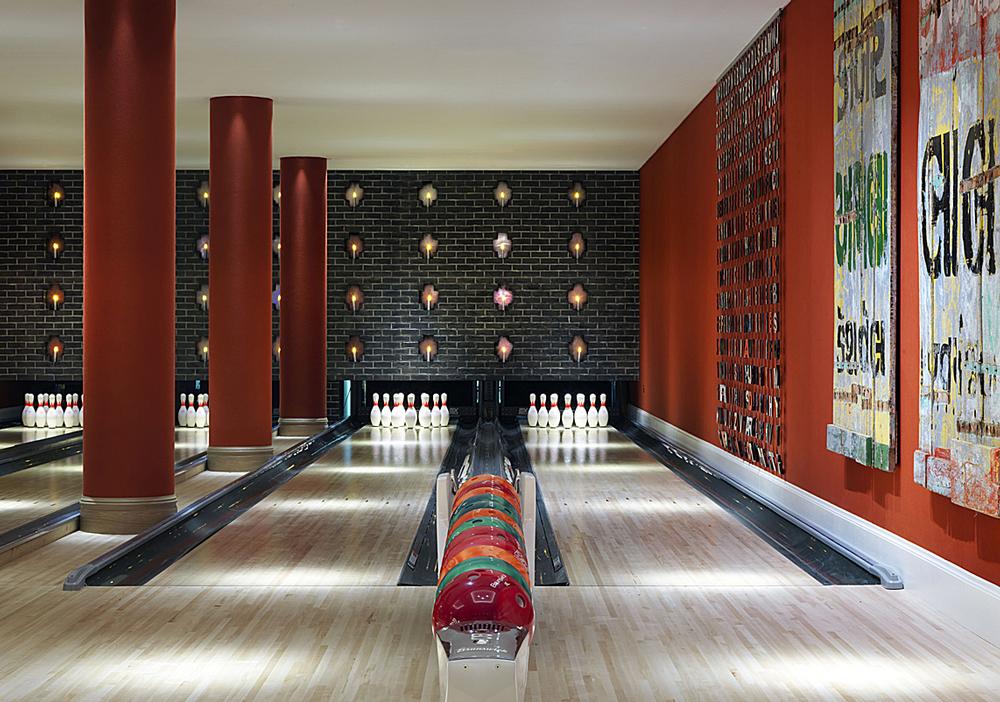 The interior design is fun and eclectic, with bold patterns and prints. It features a 1950s style bowling alley The interior design is fun and eclectic, with bold patterns and prints. It features a 1950s style bowling alley