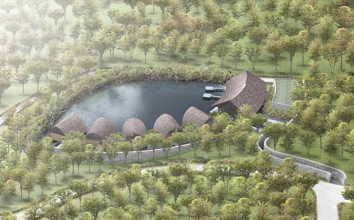 A stone bridge will connect the spa's back of house areas to the hotel / Vo Trong Nghia Architects