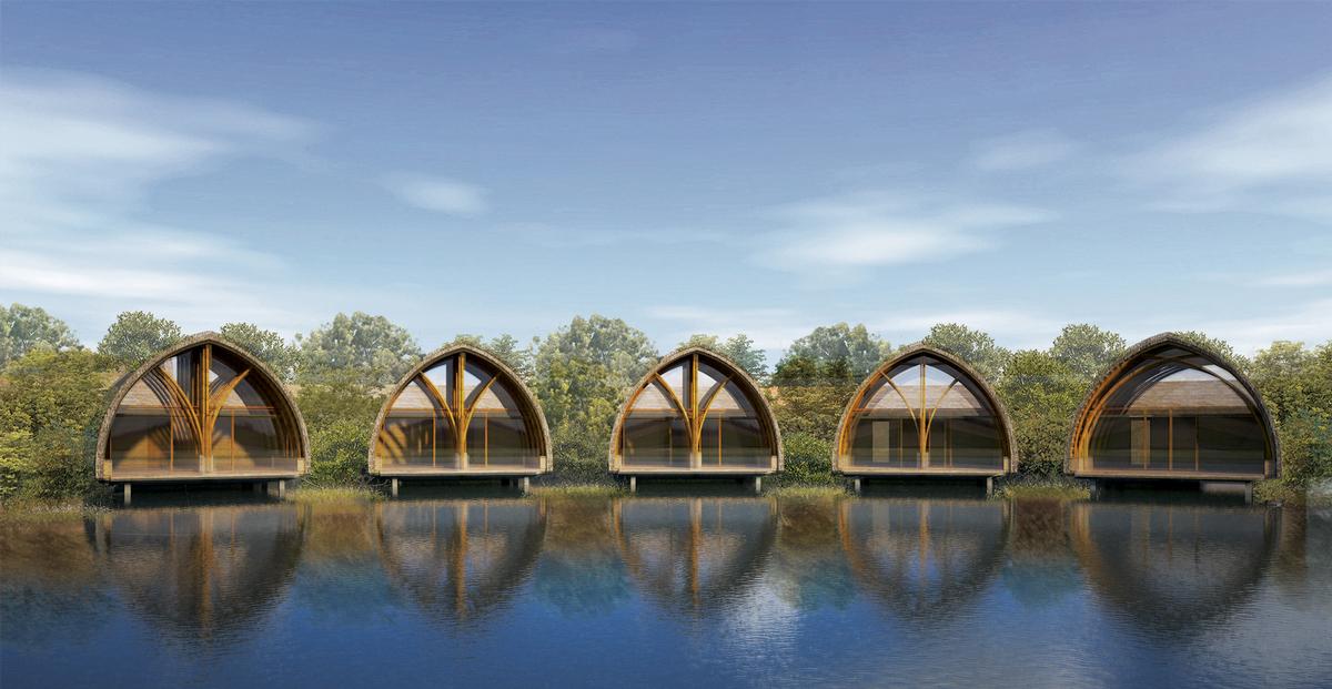 A series of bamboo podiums will house the spa's public areas and some consultation rooms / Vo Trong Nghia Architects