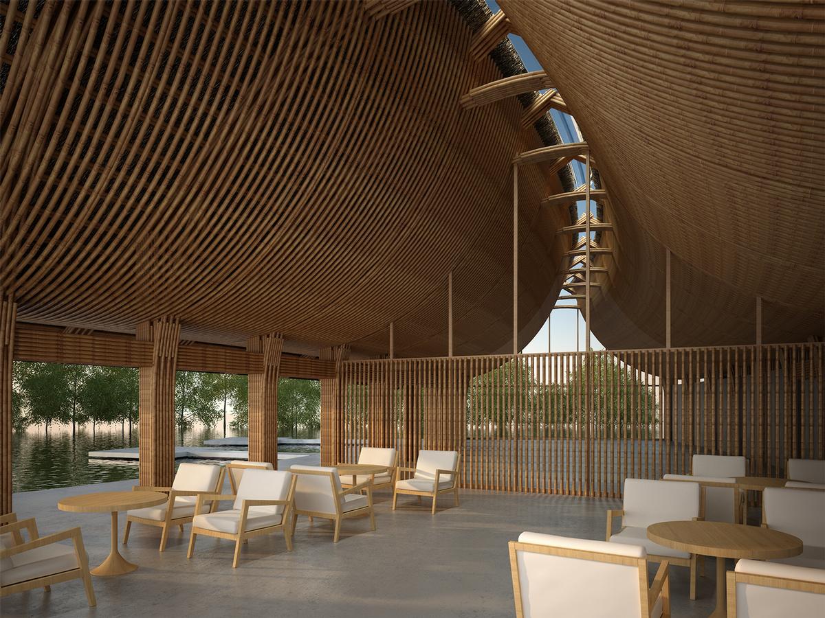 Each bamboo podium will resemble hands clasped together and fingers interwoven, with a skylight where the frames meet / Vo Trong Nghia Architects