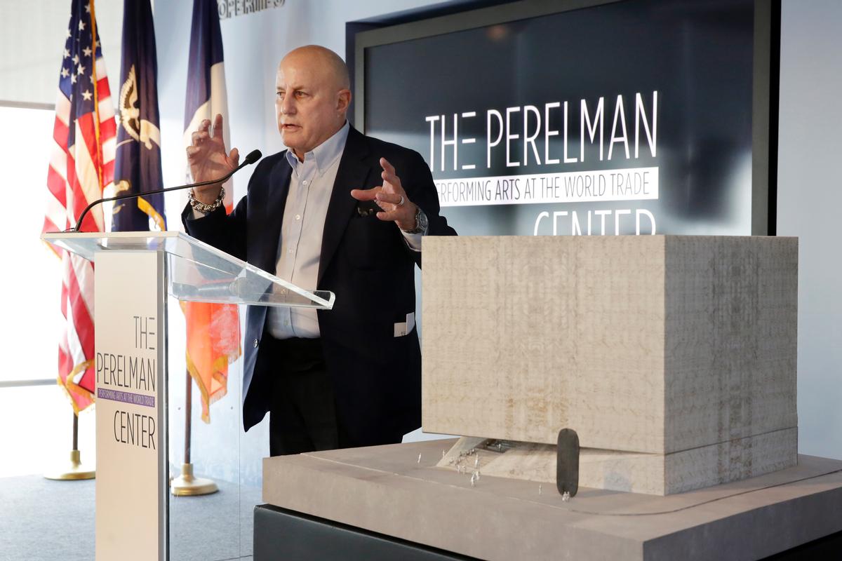 Ronald Perelman, stands beside a scale model of the Ronald O. Perelman Performing Arts Center, at the World Trader Center site, during the official design unveiling in New York / Richard Drew/AP/Press Association Images