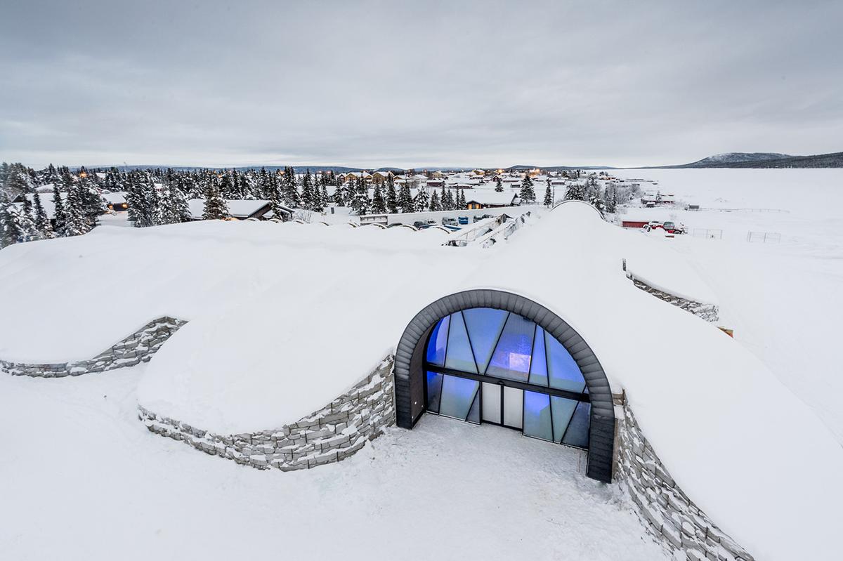The Icehotel 365 has been erected on the site of an ice storage plant, and its icy walls will be maintained by a refrigerating plant / Icehotel